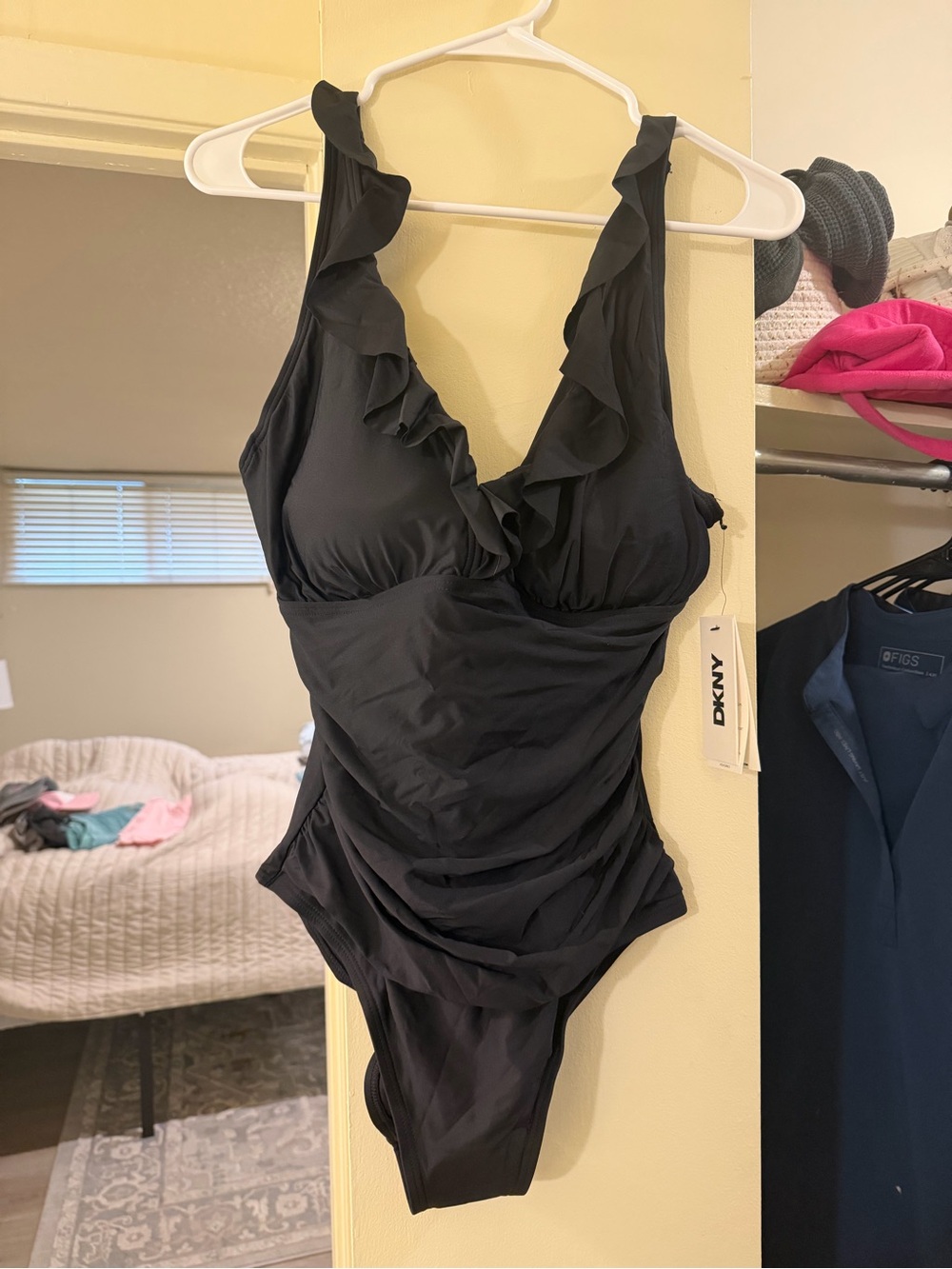 DKNY Black One-Piece Swimsuit with V Neck Ruffle Trim